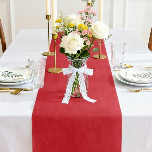 Siumir Vlies Tischläufer 30cmx25m Rot Tischband Hochzeit Taufe | Einfach zuschneidbar, Geruchsneutral, 25m Rolle für mehrere Tische, Ideal für Hochzeit, Taufe, Kommunion, Geburtstag