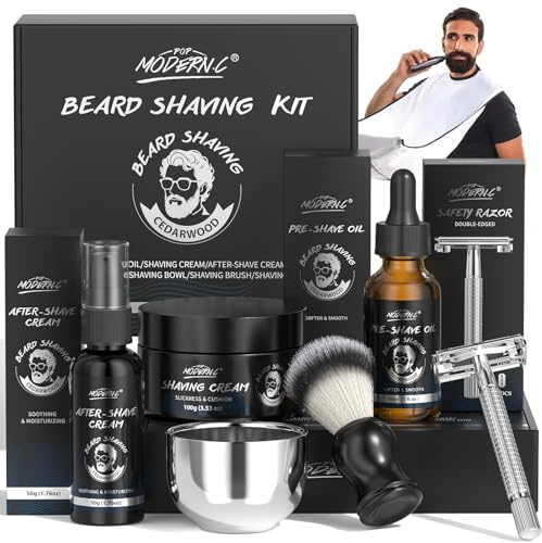 Kit Rasage 8 Pièces Homme – Cadeau Noël Anniversaire Fête des Pères – Comprend : Huile Pré-Rasage, Crème À Raser, Crème Après-Rasage, 10 Lames, Rasoir Sécurité, Bol, Blaireau, Bavoir Barbe