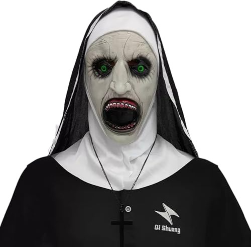 XHWOLGARIAN The Nun Maske Halloween Masken Horror Extrem Gruselige Masken Nonnen Latex Vollkopfmaske mit Kopftuch Geeignet für Halloween Cosplay Kostüm Party Requisiten und Deko Ideal für Erwachsene