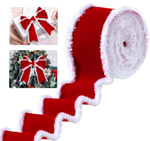Nastro di Velluto Natalizio 6 Yards x 6.3 cm Larghezza Rosso Nastri per Confezione Regalo con Bordo Bianco Rotolo Decorazione Vintage Per L'albero Di Natale Ghirlanda Fiocco Fai da Te