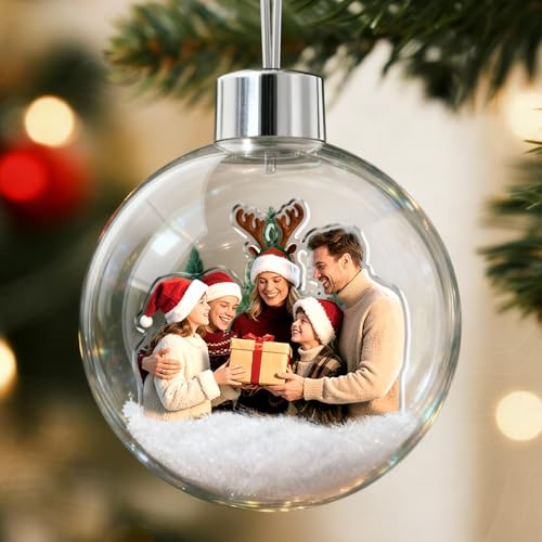 iDIY Personalised Family Christmas Bauble with Photo - Custom 3D Picture Ball Decoration for Christmas Tree - Acrylic Hanging Snow Globe - Xmas Ornament for Family, Mom, Dad, Couples, Kids, Pets