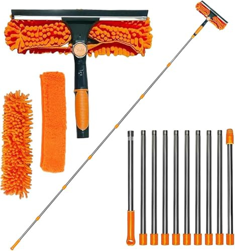Guiwuiyu 4,5M Fensterwischer, 2-IN-1 Fensterreiniger Set mit Teleskopstange - Fensterputzer Set mit Gummiwischer & Mikrofasertuch, Ideal für Innen & Außen, Hochfenster, Wand, Auto (Orange)
