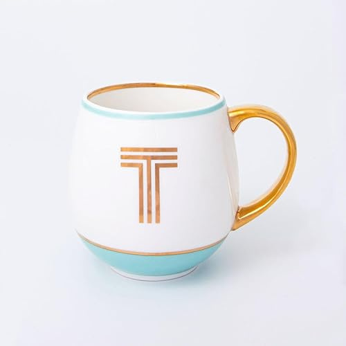 Bombay Duck Fine Bone China Coffee Cup, 450ml, White with Gold and Pink Accents, Monogram Letter Design, Literary Theme, Hot Beverages, Gift-Ready, Mug, Letter T