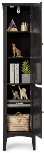 GIANTEX Mueble Alto de Baño de 5 Niveles, Armario de Suelo con 2 Puertas, 5 Compartimentos, Estante Inferior Ajustable, 38 x 38 x 160 cm, Organizador para Salón, Cocina (Marrón)