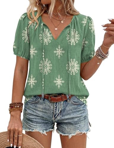 Rapbin Womens Tops Summer Boho V-Neck Tie Front Blouses Short Sleeve Casual Loose-Fit Flowy Tunic Shirts