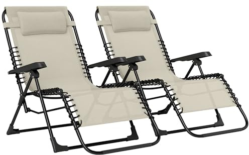 Outsunny Lot de 2 Bain de Soleil, Chaise Longue Pliante avec appuie-tête en textilène, transat Jardin extérieur inclinable de Plage Camping Piscine terrasse, 90 x 65 x 112 cm, Beige
