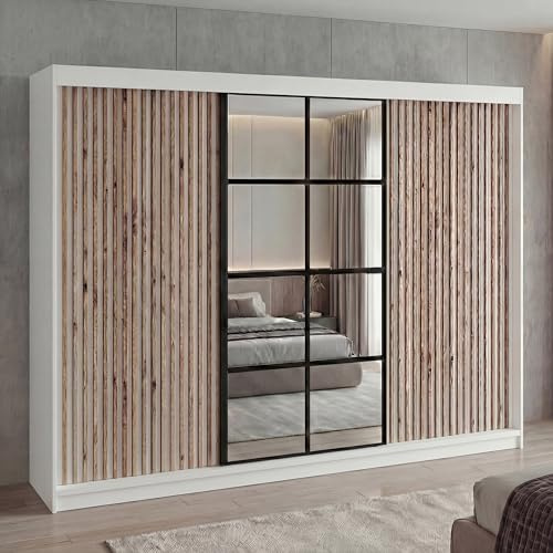 A&J MöbelLand Schwebetürenschrank NORIVO Kleiderschrank 200 cm mit Spiegel & Holzlamellen