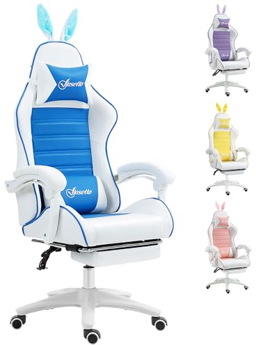 Fecpoo Gaming Chair with 135° Recline, Removable Bunny Ears & Adjustable Height – Faux Leather, Blue, Supports up to 120 kg – Home Office & PC Gamers