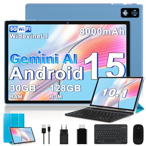2026 Tablette 10 Pouces Android 15 Gemini AI, 30Go RAM + 128Go ROM (2To TF), Octa-Core 2,0GHz, 8000mAh, GMS & Widevine L1, WiFi 5G, BT 5.0, GPS, 2 en 1 Tablette Tactile avec Clavier et Souris - Bleu