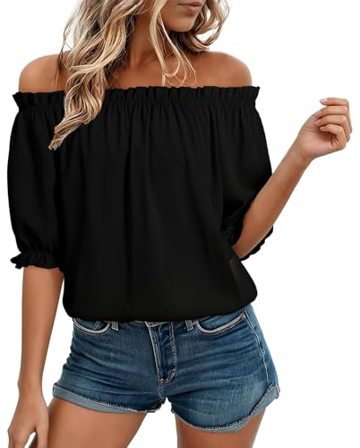 Chemise Femme Manche Bouffantes Tee Shirt Femme Denudee épaules éTé Chemisier Chic et élégant Chemisette Volants Plissée Haut Bandeau Shirts Poupee Casual Nouveaute Vetement