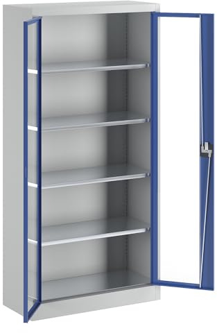 mauser | Sichtfenster-Flügeltürschrank | mit 4 Fachböden | HxB 1950 x 950 mm | Tiefe 420 mm | lichtgrau/enzianblau