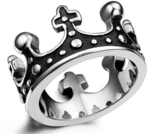 Flongo Damenring Herrenring Frauen Männer Ringe Bandring Siegelring Edelstahl Ring Silber Schwarz Königliche König Krone Kruzifix Kreuz Retro Größe 65mm