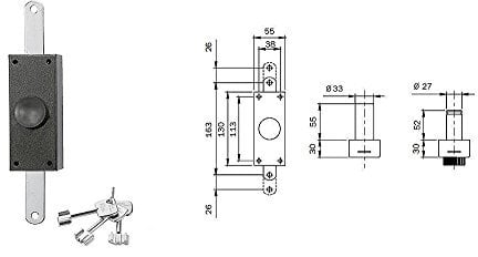 ISEO 910305 Serrure pour application réversible en bois, vernie, bronze, fermeture double, pompe externe 50 mm, poignée intérieure, 3 clés