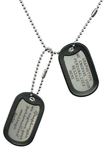Graphotype™ stehlen US Militärischen Erkennungsmarken: 2 personalisierten mit Lasergravur Erkennungsmarken im Armeestil und Kugelkette & Schalldämpfern