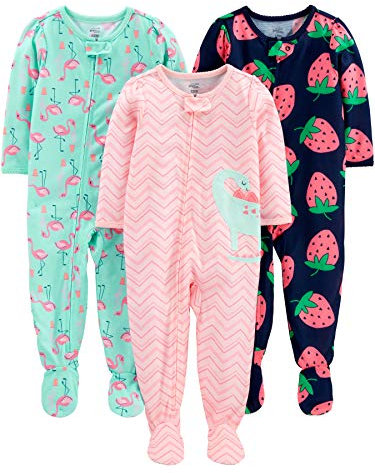 Simple Joys by Carter's 3-Pack Loose Fit Flame Resistant Polyester Jersey Footed Pajamas Sleepers per Neonati e Bambini, Dinosauri/Fenicotteri/Stampa Fragole, 12 Mesi (Pacco da 3) Bimba