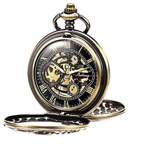 TREEWETO Reloj analógico de bolsillo unisex con cadena, con cuerda manual, doble bisagra, diseño de dragón antiguo, esqueleto de bronce