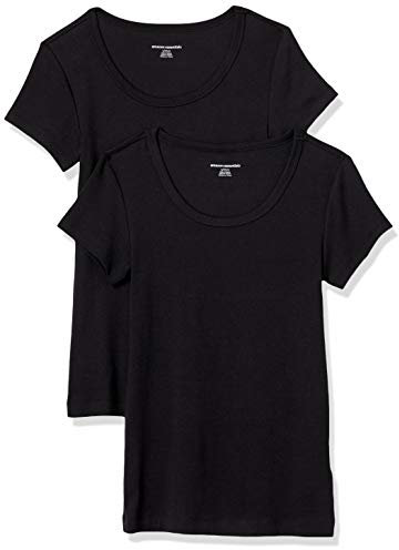 Amazon Essentials Women's Slim-Fit Cap-Sleeve Scoop Neck T-Shirt, Pack of 2, Black, M