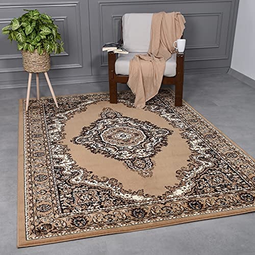 VIMODA Teppich Klassisch Orient dicht gewebt Wohnzimmer, Schlafzimmer, Küche Braun Beige, Maße:60x110 cm
