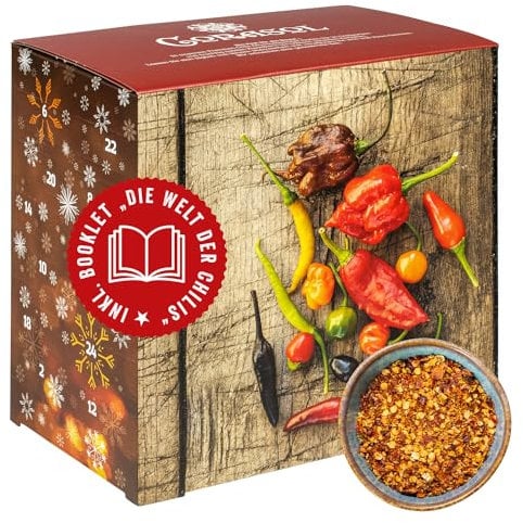 Corasol Premium Chili Adventskalender mit 24 geschroteten Chilisorten mit bis zu 1.5 Mio. Scoville, Geschenk-Idee für scharfe Männer (128 g)