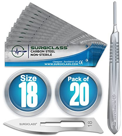 Surgical Scalpel Surgical Blades # 18 Carbon Steel Non Sterile Pack of 20 and Handle No 4 Perfect for wood art, Surgical, Sculpting, Repairs, Lab Anatomy, Sign, Card Making Lab Training SURGIBL18-20