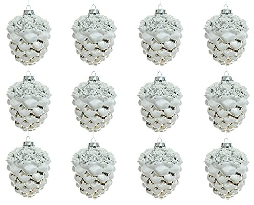 Christbaumschmuck Glas Zapfen 9cm x 12 Stück Tannenzapfen Weihnachtskugeln Wald weiß