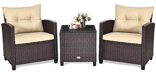 GOPLUS 3tlg. Balkonmöbel Set, Polyrattan Gartenmöbel Set, Terrassenmöbel Set mit 1 Tisch & 2 Stühlen, Lounge Set mit Kissen, Gartengarnitur Sitzgarnitur 3er Set Sitzgruppe für Garten & Balkon (Beige)