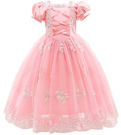 IWEMEK Filles Raiponce Costume Rapunzel Robe de Princesse Longue en Tulle Conte De Fées Cosplay Halloween Carnaval Costumes Noël Anniversaire Fête Enfants Déguisements Rose à Lacets 9-10 Ans