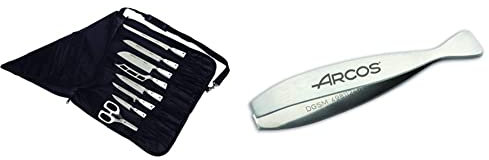 Arcos Bolsas para Cuchillos, Bolsa para Cuchillos con Capacidad para 8 Piezas, 100% Poliester 500 x 510 mm, Color Negro + Gadgets Profesionales Pinza para Pescado, Acero Inoxidable