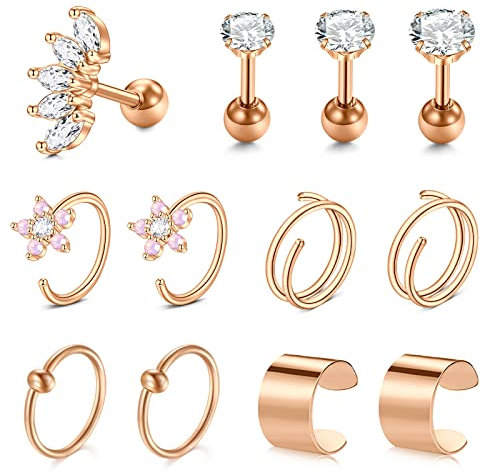 VFUN Cartilage Earrings 16G Opal Diamond CZ Helix Earrings Stainless Steel Conch Tragus Stud Ear Piercing Helix Hoop Jewellery Twist Tragus Piercing Rose Gold