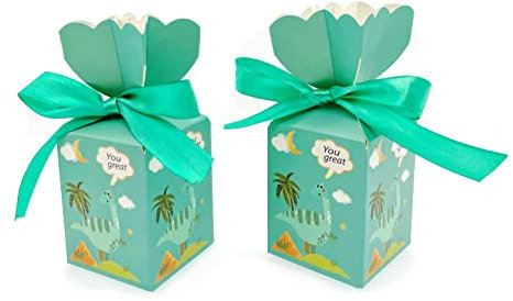 JZK 50 cajas azules para regalos de fiesta para niños, caja de dulces de papel con patrón de dinosaurio para fiestas de cumpleaños infantiles, cajas de regalo para decoraciones de fiesta de