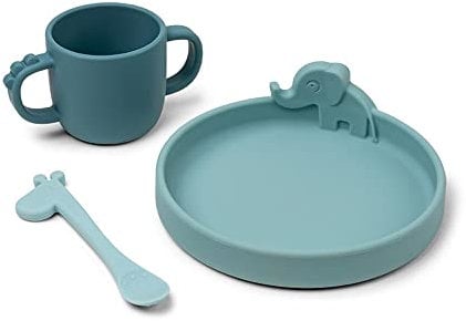 Done by Deer Peekaboo Baby und Kinder Geschirrset - 3-Teiliges Kindergeschirr Set mit Rutschfestem Kinderteller, Trinklernbecher und Gabel - BPA-Freies Geschirr aus 100% Lebensmittelechtem Silikon