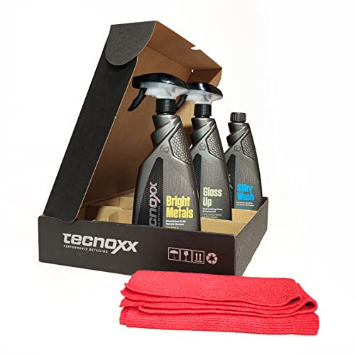 Tecnoxx Kit Pro Moto 3 produits haut de gamme pour le nettoyage et l'entretien des motos Contenant XL de 750 ml avec détergent, produit de rinçage et nettoyant pour jantes
