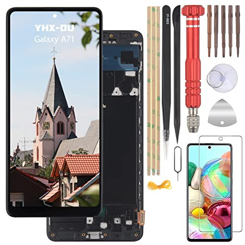 YHX-OU 6.7'' Incell Nero + Telaio Display per Samsung Galaxy A71 SM-A715F/DS LCD Schermo Touch Screen Digitizer Assemblea E Strumenti di Installazione + A71 Vetro Temperato