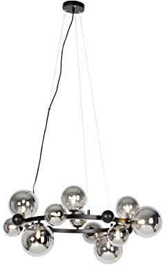 Qazqa - Art Deco Art-Deco-Hängelampe I Pendellampe I Pendelleuchte schwarz mit Rauchglas 12-flammig – David I Wohnzimmer I Schlafzimmer - Stahl Rund - LED geeignet G9