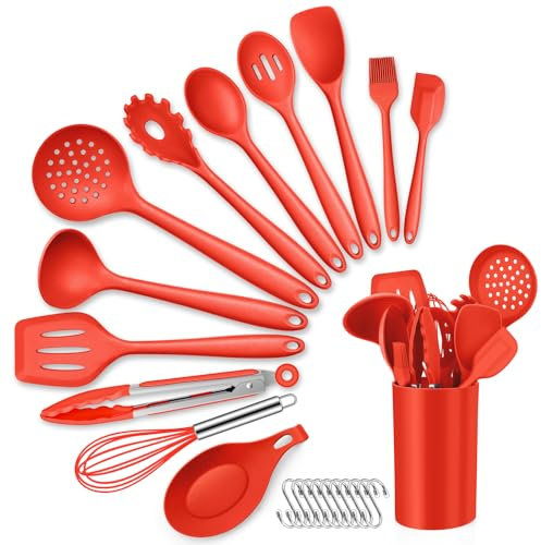 HaWare Kitchen Utensils Set. 13 Piece Silicone Cooking Utensils Set with Holder, Heat Resistant Kitchen Tools Include Turner Spatula Spoon, Non-Stick Cookware Friendly & Dishwasher Safe-Red