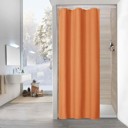 MitoVilla Rideau de douche étroit en tissu gaufré orange 91,4 x 183 cm pour décoration de salle de bain, ensemble de rideau de douche lesté avec crochets en plastique, orange brûlé