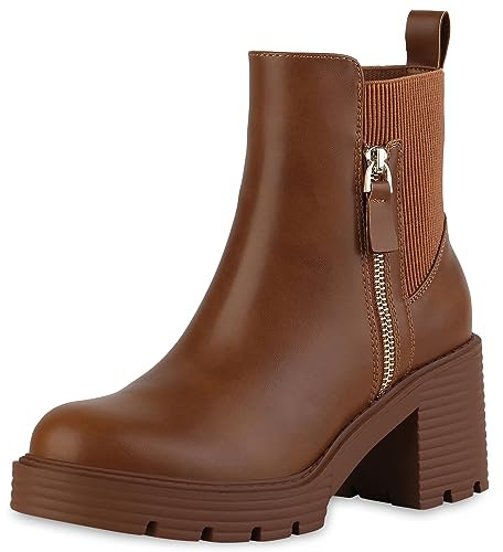 VAN HILL Damen Klassische Stiefeletten Blockabsatz Zipper Trendy Schuhe 212949 Hellbraun 40