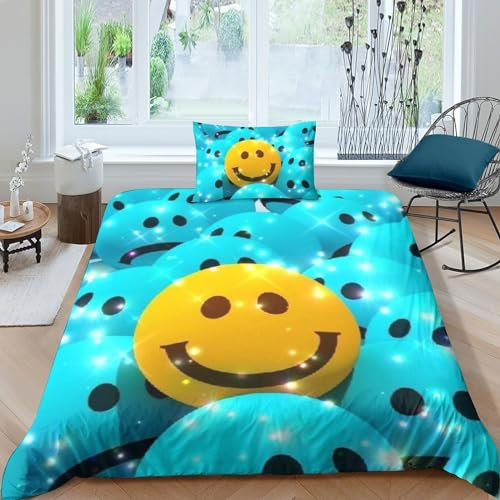 3D Bettbezug leuchtendes Smiley-Gesicht Bettwäsche Kissenbezug Mit Mikrofaser Bettbezug Mit Reißverschluss Single(135x200cm),Geeignet Für Familien, Jugendliche Und Kinder