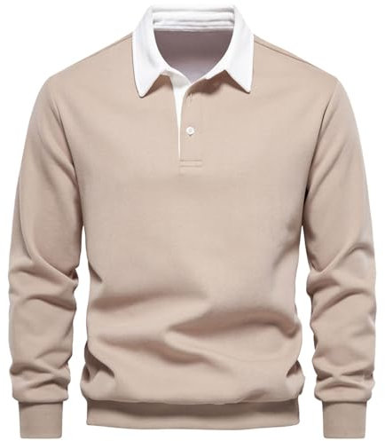 MakingDa Mens Polo Neck Sweatshirts Long Sleeve Casual Pullover Sweatshirt Solid Color Winter Warm Regular Fit Jumper Top Plain Khaki M