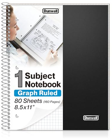 Dunwell Graph Paper Notebook 8.5 x 11, Plastic Cover, 80 Sheets, 4x4 Ruled, 1 Subject Spiral 1/4 Inch Grid Graphing Notebook, Divider with Pockets, Perforated Pages, 3-Hole Punched