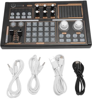 Sound Mixer Board, Noise Reduction Colorful Lights DJ18 Live Sound Card for 48V Condenser Microphone