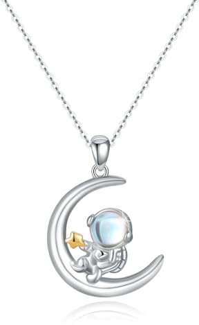 REDSUN Astronaut Halskette 925 Sterling Silber Mond Astronautin Kette Kosmonaut Anhänger mit Mondstein Spaceman Weltraum Schmuck Geschenke für Damen Frauen Jungen Mädchen