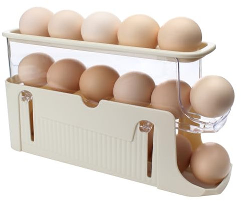 OKVGO Egg Holder for Refrigerator, Automatically Rolling 3 Tier Egg Dispenser Storage Tray Container Rack for Kitchen Fridge Countertop (Beige)