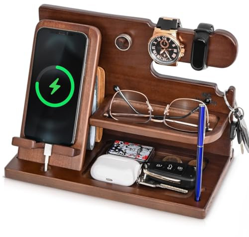 TESLYAR Station d'accueil de téléphone en Bois pour Homme – Accessoires de Bureau et Organisateur d'espace de Travail – Organiseur de Table de Nuit – Cadeau d'anniversaire pour Homme ou Papa – Idée