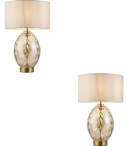 2 Pack Champagne Lustre Glass Table Lamp - Vintage White Fabric Shade - Dimmable 10W LED E27