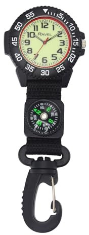 Ravel - Nylon-Karabiner-Uhr zum Anklipsen mit Kompass und im Dunkeln Leuchtendem Zifferblatt - Analoges Quarzwerk - R1108.03 - Schwarz