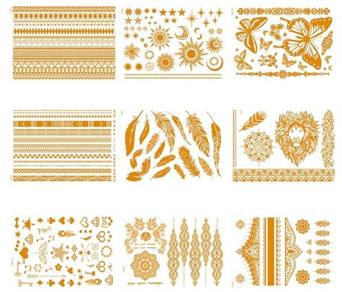 9 Stück Goldene Tattoos Temporäre Tattoo Aufkleber Glitzer Tattoos Festival Festliche Accessoires