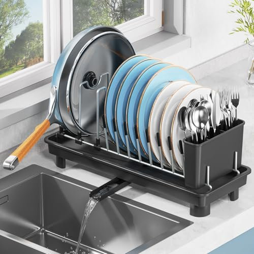 LIONONLY Small Dish Drainer with Drip Tray,Compact Dish Drying Rack for Kitchen Counter,Stainless Steel Sink Drainer with Utensil Holder,Swivel Drainage Spout,Space Saving Plate Rack