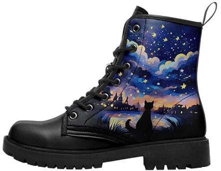 Stivali invernali da donna, stivali da combattimento, impermeabili, con lacci, con plateau, in pelle, comodi ed eleganti, con motivo notte stellata, Gatto Notte stellata, 39 1/3 EU