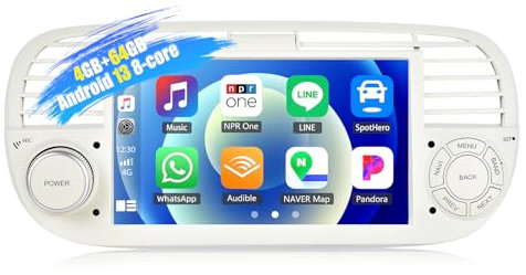 SIXWIN 4+64G 8-Core Android 13 Radio Coche para FIAT 500 2007-2015 con CarPlay Android Auto DSP, 7 Pulgadas Pantalla Táctil,1280 * 720,con GPS WiFi BT USB FM RDS Radio (Blanco)